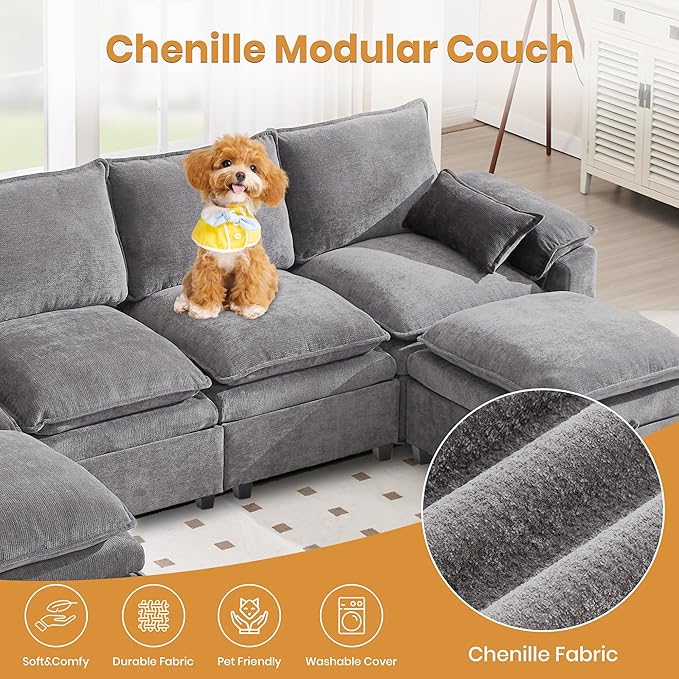 130" U Shaped Modular Sectional Sofa, Couch with Ottoman Storage, Chenille Cloud Couch with Plush Deep Seating for Living Room, Bedroom (6 Seat, Light Grey)