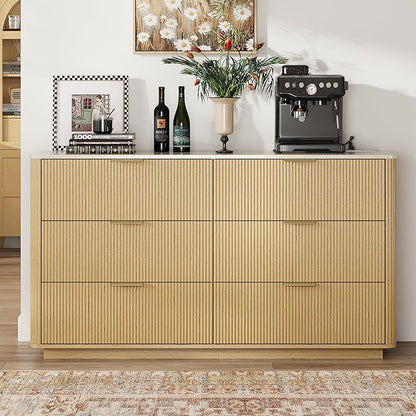 Fluted 6 Drawers Dresser with Charging Station, 55" Wide Modern Chest of Drawers with Faux Marble Top, Wooden Dresser TV Stand, Wood Drawer Organizer for Bedroom, Living Room, Hallway, Natural Oak