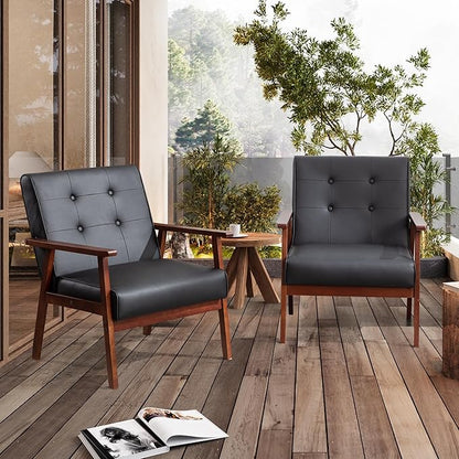 STHOUYN Black Leather Accent Chair for Office, Waiting Room Lobby Chair with Wooden Arms, Mid Century Modern Small Armchair Living Room Sofa Set (Black (Chair))