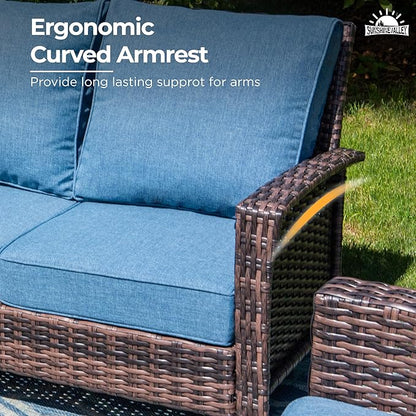6 Pieces Patio Furniture Set with Swivel Chairs, High Back Wicker Rattan Sofa with Extra Thick Cushion and Coffee Table, Outdoor Conversation Set for Garden Backyard Deck, Blue
