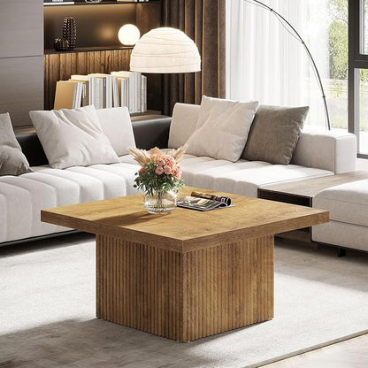 Tribesigns Square Coffee Table, 31.5-Inch Fluted Coffee Table, Mid-Century Modern Living Room Table, Large Cocktail Table for Living Room, Easy Assembly, Yellow