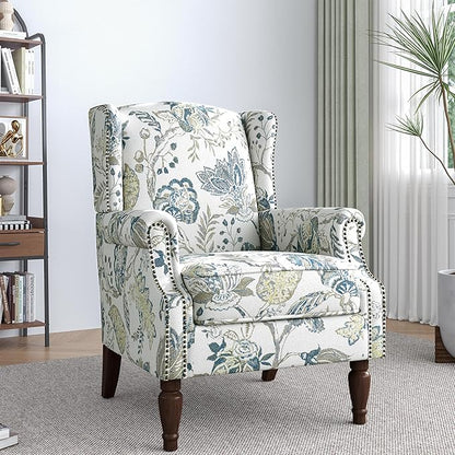 Lumibee High Back Accent Chair Set of 2, Armchair in Fabric,Comfy Upholstered Wingback Single Sofa Reading Chairs with Solid Wood Legs for Living Room,Bedroom,Office-Plants Blue