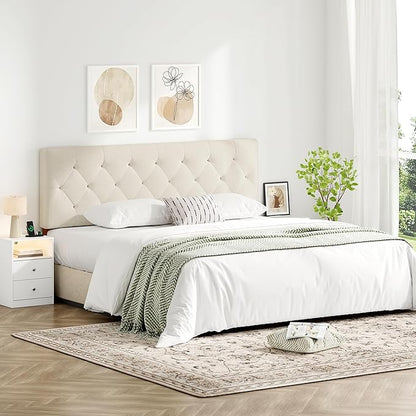 Upholstered Queen Headboard Only for Bed Frame from 49”-62”, Adjustable Height Queen Head Board with Durable Wood Legs, Bed Headboard in Modern Button Design, Beige