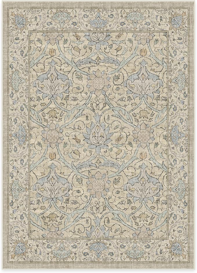 RUGGABLE x Morris & Co Washable Area Rug – Montreal Natural Blue 5x7, Stain-Resistant, Non-Slip – Medium Machine Washable Rugs for Living Room, Bedroom, Hallway, Entryway & Office–with Cushioned Pad