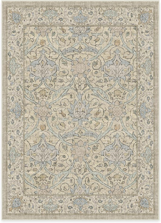 RUGGABLE x Morris & Co Washable Area Rug – Montreal Natural Blue 5x7, Stain-Resistant, Non-Slip – Medium Machine Washable Rugs for Living Room, Bedroom, Hallway, Entryway & Office–with Standard Pad