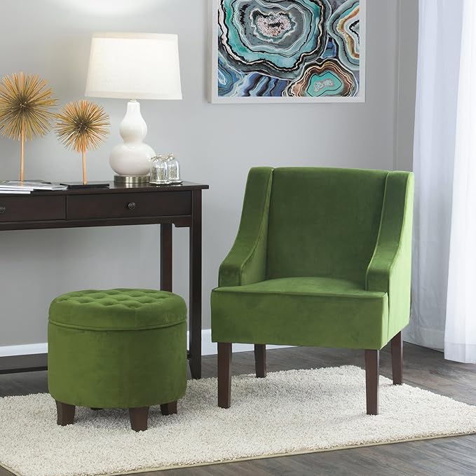 Mid Century Modern Accent Chair Wingback Living Room Chair Comfy Upholstered Scooped Armchair Fabric Side Chair with Wood Legs for Small Space, Bedroom, Apartment, Office, Waiting Room (Green)