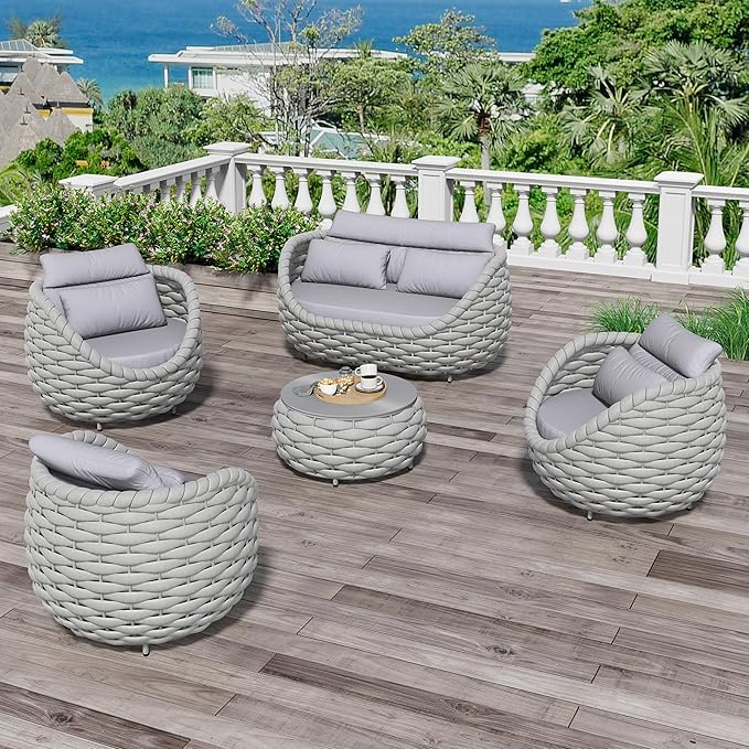 Fully Assembled Patio Furniture Set: 5 Pieces Woven Rope Outdoor Conversation Set Cushioned - Modern Metal Deck Loveseat Chair Table Set - Porch Seating for Yard Garden Pool Hotel Resort, Grey