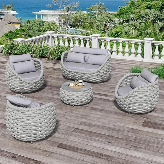 Fully Assembled Patio Furniture Set: 5 Pieces Woven Rope Outdoor Conversation Set Cushioned - Modern Metal Deck Loveseat Chair Table Set - Porch Seating for Yard Garden Pool Hotel Resort, Grey