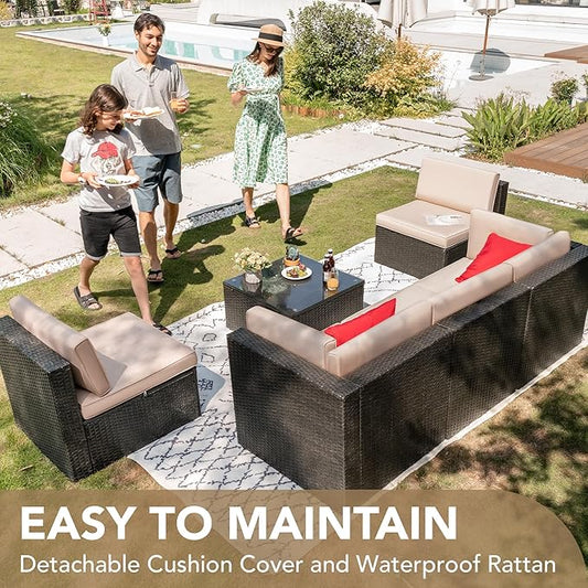 Devoko Patio Furniture Sets 6 Pieces Outdoor Sectional Rattan Sofa Manual Weaving Wicker Patio Conversation Set with Glass Table and Cushion (Beige)