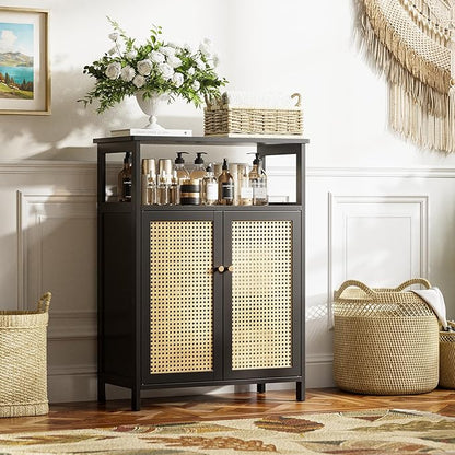 HITNET Bamboo Floor Cabinet, Bathroom Storage Cabinet with 2 Rattan Doors and Shelves, Space Saving Freestanding Kitchen Cupboard, Black