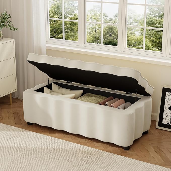 Christopher Knight Home Pean Living Room Ottoman with Storage, Fabric Upholstered Storage Ottoman Bench, Sofa Foot Stool with Wood Frame, Bedroom End of Bed Bench, Chic Scalloped Design, White