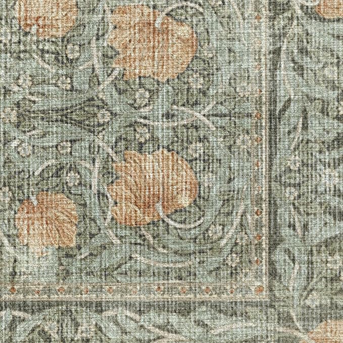 RUGGABLE x Morris & Co Washable Area Rug– Pimpernel Vintage Green 6x9, Stain-Resistant, Non-Slip – Medium Machine Washable Rugs for Living Room, Bedroom, Hallway, Entryway & Office–with Cushioned Pad