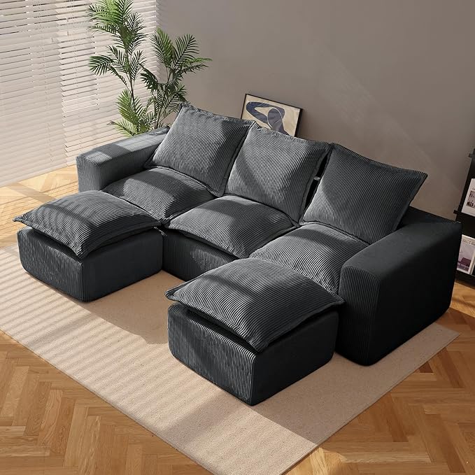 107" Comfy Cloud Couch with U-Shape Chaise & Deep Seat, Modular Sectional Sofa in a Box, Boneless Upholstered Couches for Living Room, No Assembly Required (Soft Corduroy, Gray)