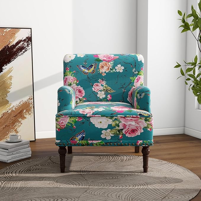 Accent Chair, Mid Century Modern Comfy Armchair for Living Room, Linen Fabric Single Sofa Lounge for Reading Bedroom Apartment Waiting Room with Wood Legs (Floral, Set of 1)