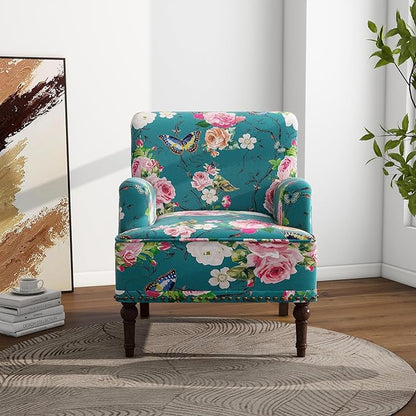 Accent Chair, Mid Century Modern Comfy Armchair for Living Room, Linen Fabric Single Sofa Lounge for Reading Bedroom Apartment Waiting Room with Wood Legs (Floral, Set of 1)