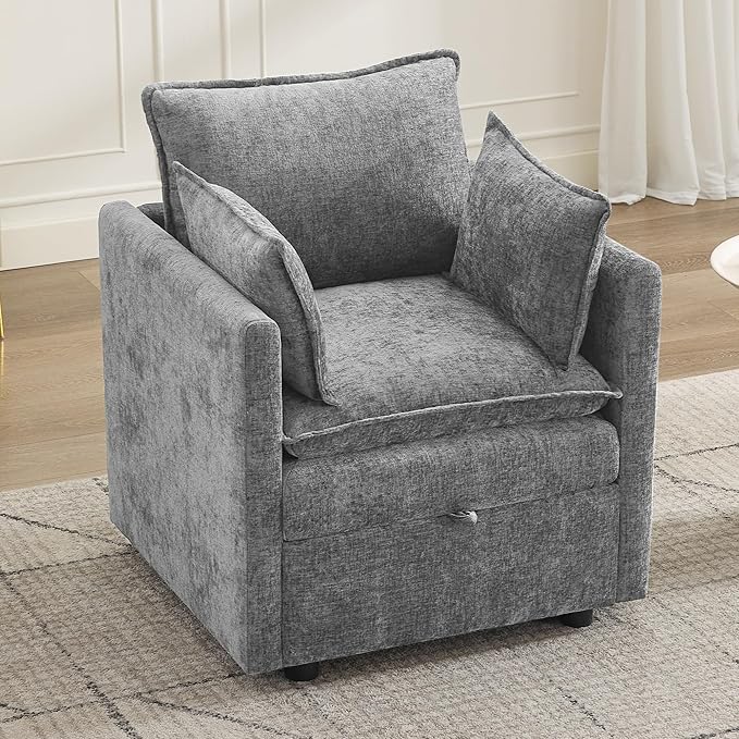 30" Cloud Modular Single Sofa Chair with Storage, Modern Upholstered Accent Chair Deep Seat, Chenille Reading Lounge Armchair for Living Room, Bedroom, Small Space, Light Grey