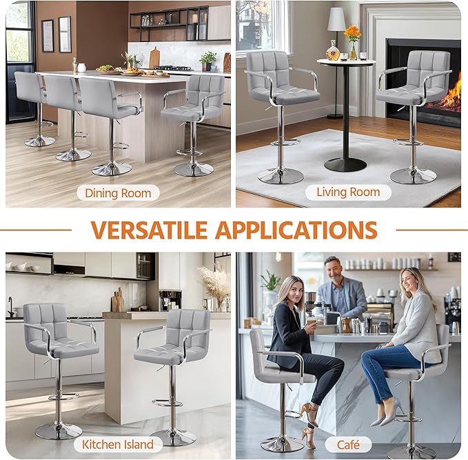 Yaheetech Bar Stools Set of 3, PU Leather Adjustable Barstools with Armrest, Counter Height Stool Chairs with Thickened Seat Cushion for Kitchen Island, Light Grey