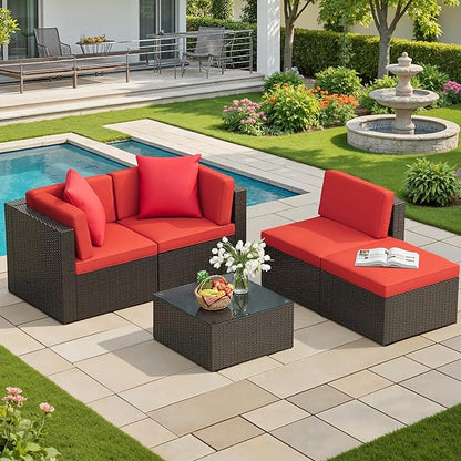 JUMMICO 5 Pieces Patio Furniture Set, Outdoor Sectional Sofa Conversation Sets, Couch Rattan Chair Wicker with Ottoman Cushion, Glass Tea Table and Pillows for Backyard Porch Garden Pool Balcony, Red