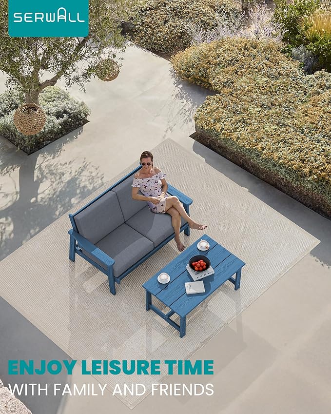 SERWALL HDPE Outdoor Patio Loveseat, Blue Frame and Grey Cushion