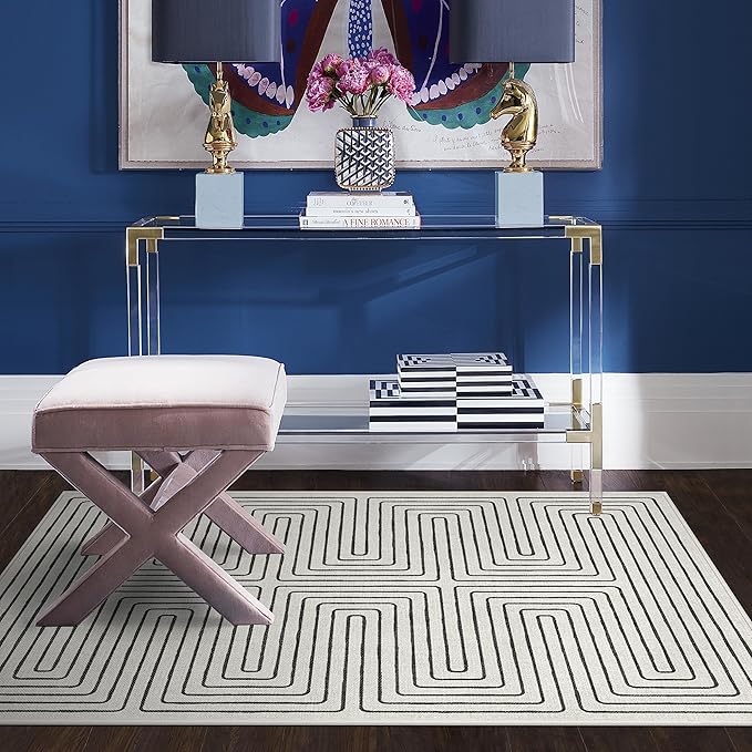 RUGGABLE x Jonathan Adler Machine Washable Modern Area Rug – Labyrinth Black/Ivory 3x5, Stain-Resistant, Non-Slip – Small Rugs for Living Room, Bedroom, Hallway, Entryway & Office–with Cushioned Pad