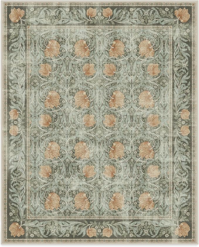 RUGGABLE x Morris & Co Washable Area Rug– Pimpernel Vintage Green 8x10, Stain-Resistant, Non-Slip – Large Machine Washable Rugs for Living Room, Bedroom, Hallway, Entryway & Office–with Cushioned Pad