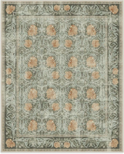 RUGGABLE x Morris & Co Washable Area Rug– Pimpernel Vintage Green 8x10, Stain-Resistant, Non-Slip – Large Machine Washable Rugs for Living Room, Bedroom, Hallway, Entryway & Office–with Cushioned Pad