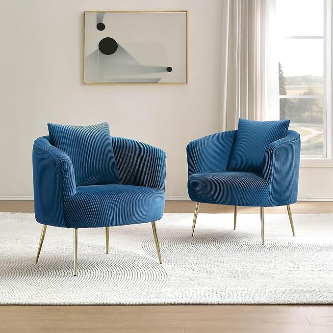 Art Leon Velvet Accent Chair, Upholstered Modern Single Sofa Chair, Comfy Barrel Chair with Golden Metal Legs for Living Room Bedroom, Blue