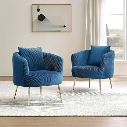 Art Leon Velvet Accent Chair, Upholstered Modern Single Sofa Chair, Comfy Barrel Chair with Golden Metal Legs for Living Room Bedroom, Blue