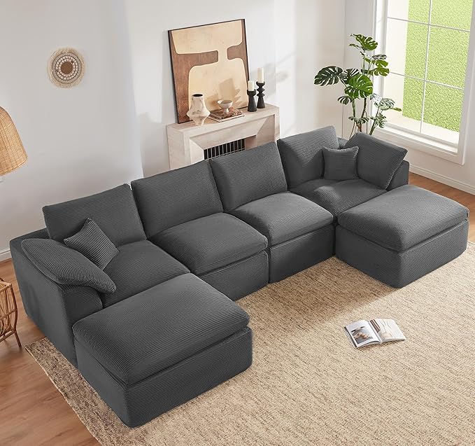 143" Cloud Sectional Couch, Boneless couches for Living Room，U Shaped Couch with Convertible Ottoman, Modular Sectional Sofa with Deep Seat, Comfy Soft Cushions, No Assembly, Gray