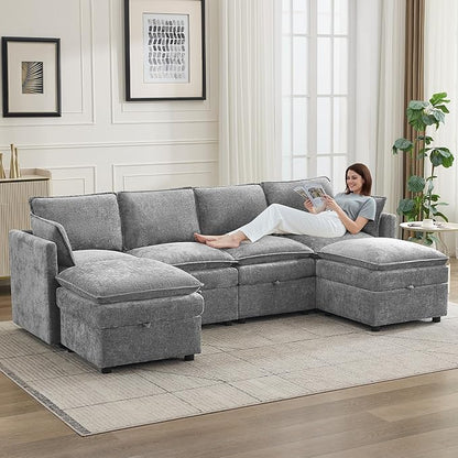 105" Cloud Modular 4 Seater Sofa with 2 Storage Ottoman, Modern Upholstered Sofa Storage Sofa Couch Deep Seat, U Shape Sectional Sofa Chenille Comfy Couch with Armrests for Living Room, Light Grey