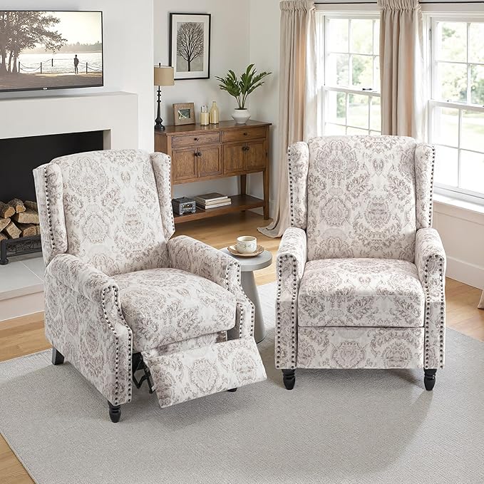 Pushback Recliner Chair, Floral Fabric Wingback Recliner Chair, Upholstered Armchair Push Back Recliner, Rivet Trim Single Sofa Accent Chair with Wood Legs for Living Room, Beige