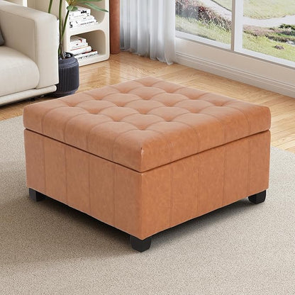 Christopher Knight Home Mervy PU Storage Ottoman with Button and Stitching, Faux Leather Indoor Upholstered Ottoman for Living Room Bedroom Home Office, Square Flip Top Foot Rest Bench, Light Brown
