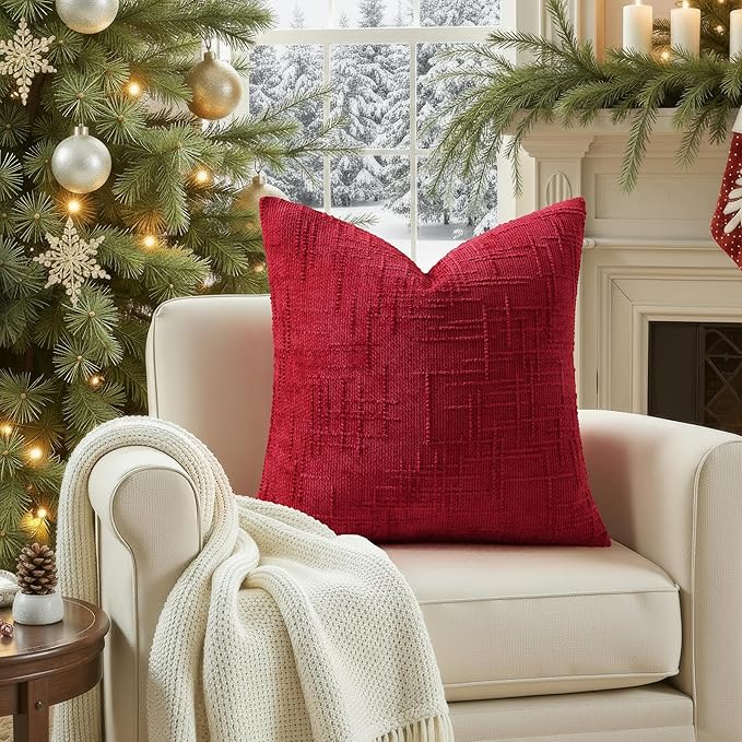 decorUhome Christmas Red Chenille Throw Pillow Covers 22x22 Set of 2 Thick Textured Slubby Couch Pillow Covers Farmhouse Accent Modern Neutral Decorative Pillow Cases for Bed Sofa Living Room