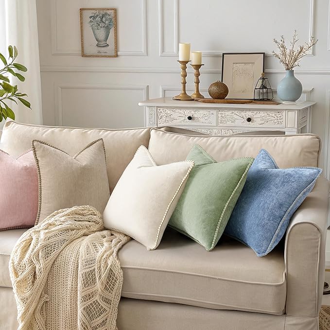 decorUhome Chenille Soft Throw Pillow Covers 26x26 Set of 2, Farmhouse Velvet Neutral Decorative Euro Pillow Covers with Stitched Edge for Couch Sofa Bed Home Decor, Beige