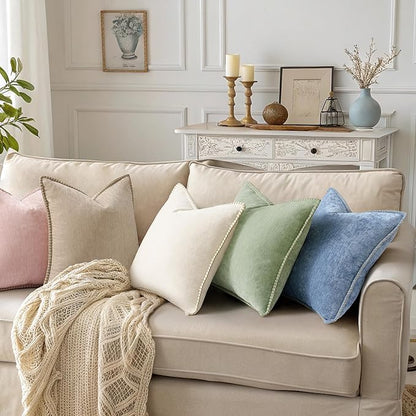 decorUhome Chenille Soft Throw Pillow Covers 22x22 Set of 2, Farmhouse Velvet Neutral Decorative Euro Pillow Covers with Stitched Edge for Couch Sofa Bed Home Decor, Beige