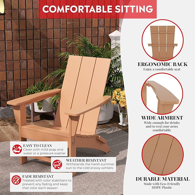 Costaelm Folding Adirondack Chairs, Outdoor Patio Adjustable Lawn Chairs, Weather Resistant Outside Firepit Chairs for Porch, Poolside, Garden, Backyard Deck, Teak