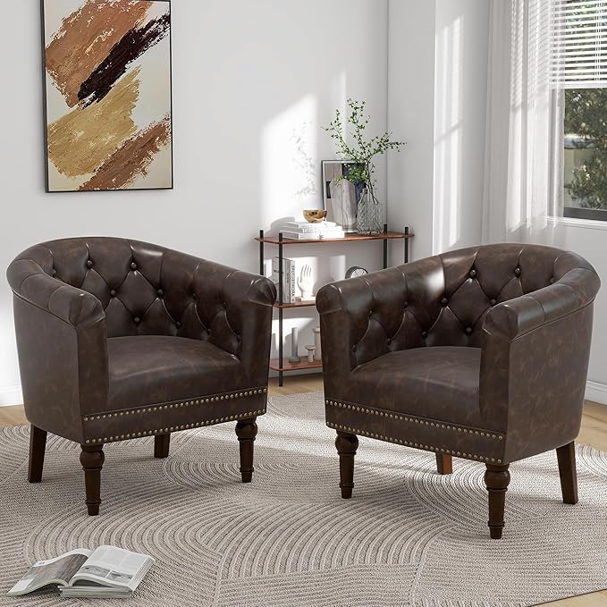 Pia Ricco Faux Leather Barrel Accent Chair, Comfy Club Armchair with Solid Wood Legs, Upholstered Single Sofa Chair for Living Room Bedroom/Reading Room, Chocolate