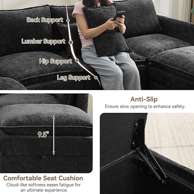 30" Cloud Modular Single Sofa Chair with Storage, Modern Upholstered Accent Chair Deep Seat, Chenille Reading Lounge Armchair for Living Room, Bedroom, Small Space, Black