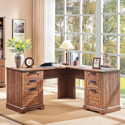 RedLemon 60" Farmhouse L Shaped Executive Desk with Drawers, Wood Home Office Corner Desk with Charging Station, File Drawer, Storage Cabinet, Rustic Computer Writing Desk (Reclaimed Barnwood)