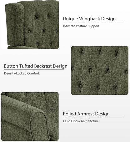 Lumibee High Back Accent Chair,Upholstered Wingback Armchair with Solid Wood Legs for Small Spaces,Comfy Single Sofa Chair for Living Room,Bedroom,Office-Green