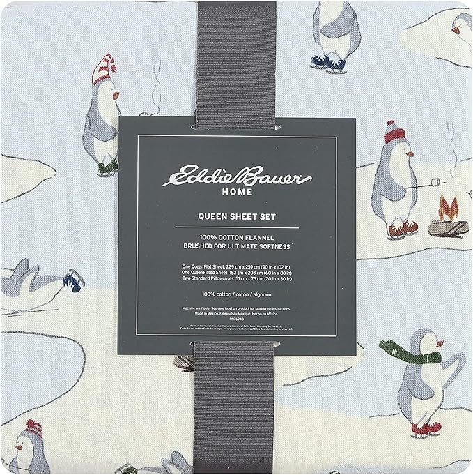 Eddie Bauer - Flannel Sheets Kingsize, Anti-Pilling & Wrinkle Resistant Cotton, Touchably Soft for All-Season Comfort - Bed Sheets with Matching Pillowcase & Fitted Sheet (Skating Penguin)