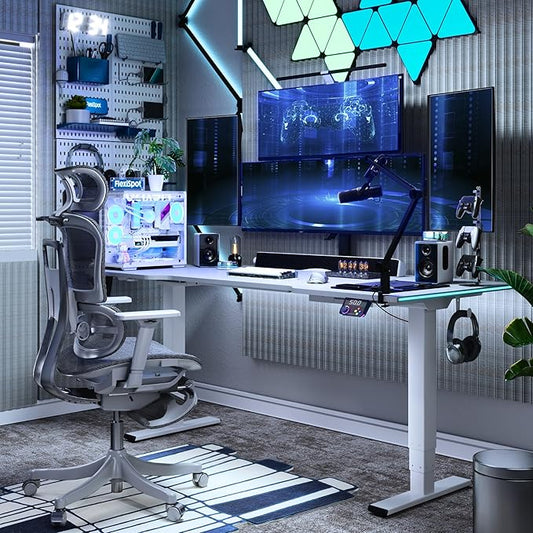 FLEXISPOT CyberX 63 Inch RGB LED Electric Gaming Standing Desk, Dual Motor 3-Stage Adjustable Desk up to 352 lbs, Large Ergonomic Computer Workstation for Gamers, Streamers & Home Studios (White)