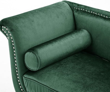 Christopher Knight Home Aurora Velvet Chaise Lounge Indoor with 2 Bolster Pillows, Upholstery Entryway Bench with Nailhead Trim & Curved Arms, End of Bed Bench Ottoman and Wooden Legs, Green