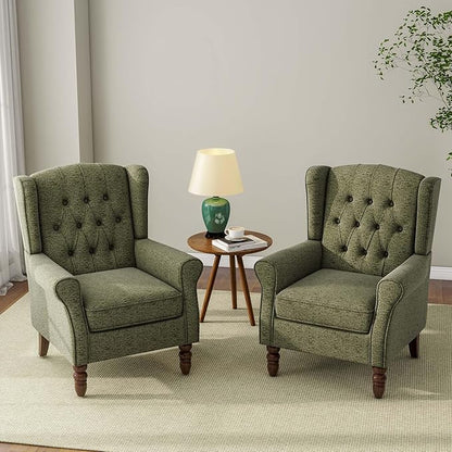 Accent Chair, Upholstered Armchair with Button Tufted High Back & Solid Wood Legs, Comfy Wingback Reading Single Sofa Chair for Small Spaces, Living Room, Bedroom-Green, Set of 1