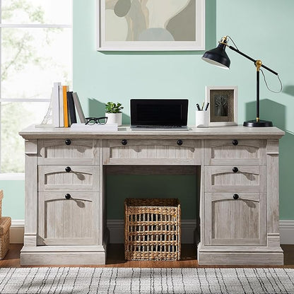 OKD 60" Executive Desk with Drawers, Farmhouse Home Office Desk with Charging Station, Keyboard Tray, File Cabinet Storage, Wood Computer Desk for Work and Study, Antique Brushed White