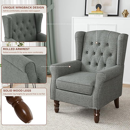 High Back Accent Chairs Set of 2, High Wingback Chair for Living Room, Button-Tufted Upholstered Fabric Armchair with Solid Wood Legs, Comfy Single Sofa Reading Chair for Bedroom, Gray