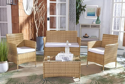 SAFAVIEH Outdoor Collection Bandele Natural/White Cushion 4-Piece Conversation Patio Set PAT7506D