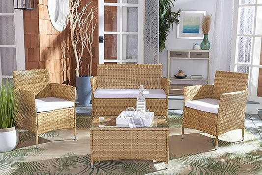 SAFAVIEH Outdoor Collection Bandele Natural/White Cushion 4-Piece Conversation Patio Set PAT7506D