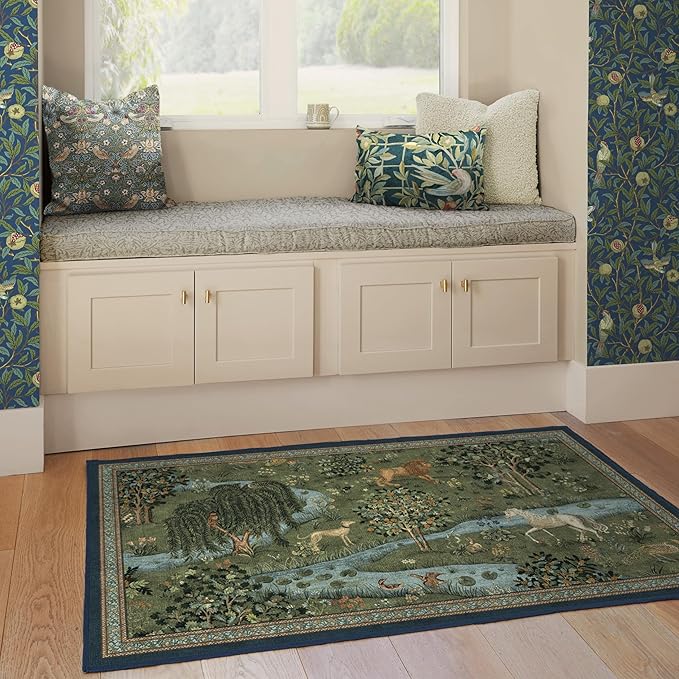 RUGGABLE x Morris & Co Washable Area Rug – Owl & Willow Green 3x5, Stain-Resistant, Non-Slip – Small Machine Washable Rugs for Living Room, Bedroom, Hallway, Entryway & Office–with Cushioned Pad