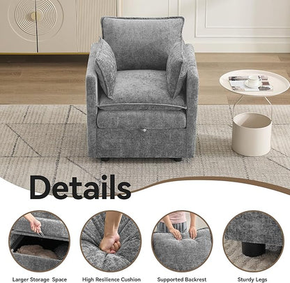 30" Cloud Modular Single Sofa Chair with Storage, Modern Upholstered Accent Chair Deep Seat, Chenille Reading Lounge Armchair for Living Room, Bedroom, Small Space, Light Grey